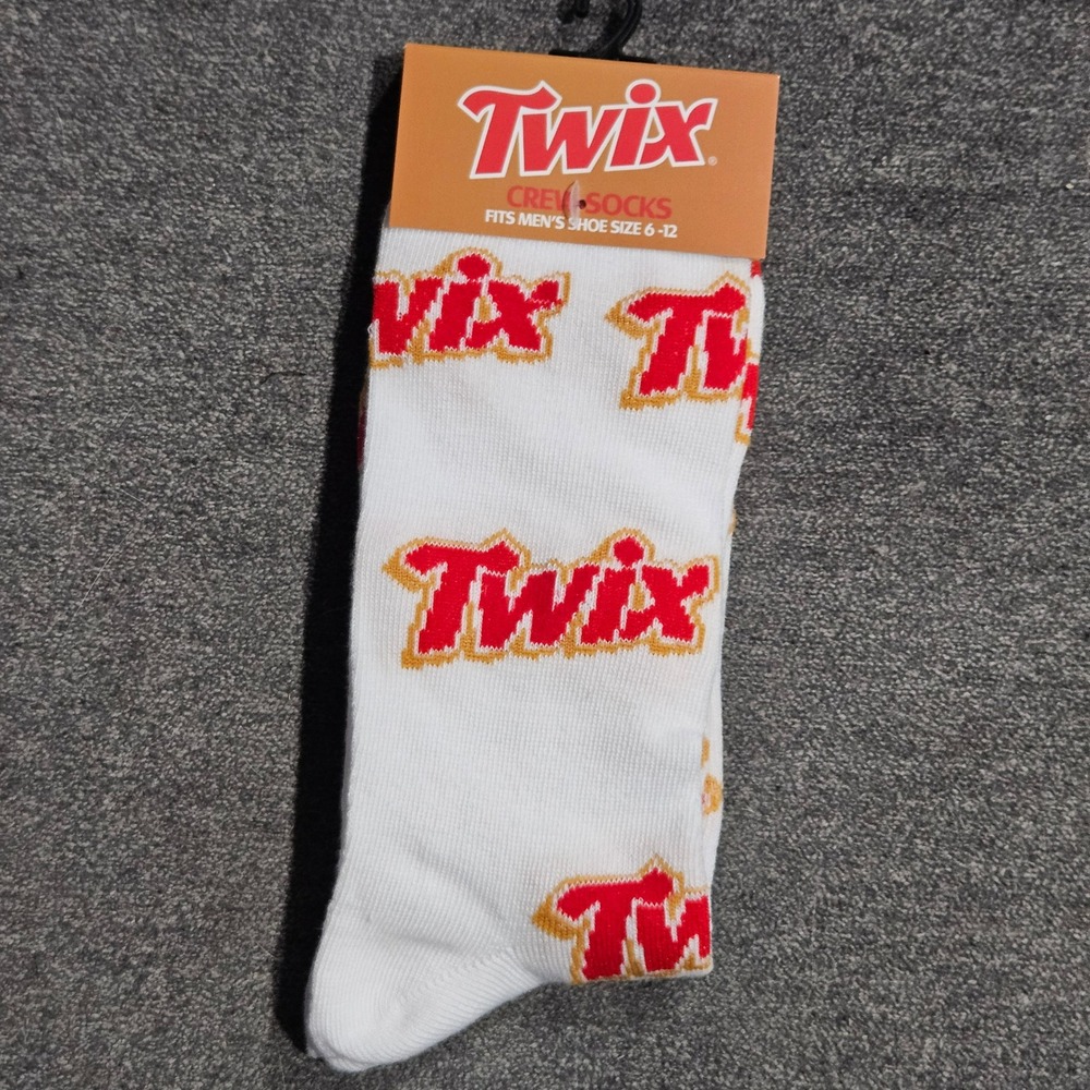 Twix Candy Logo Crew Socks Mens Shoe Size 6-12 White Red Gold Novelty Odd Sox